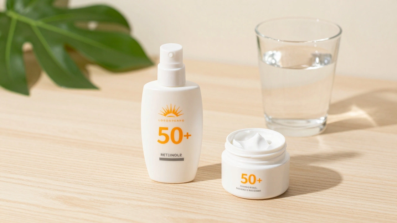 Крем с SPF и вода на столе для ухода за кожей после процедур